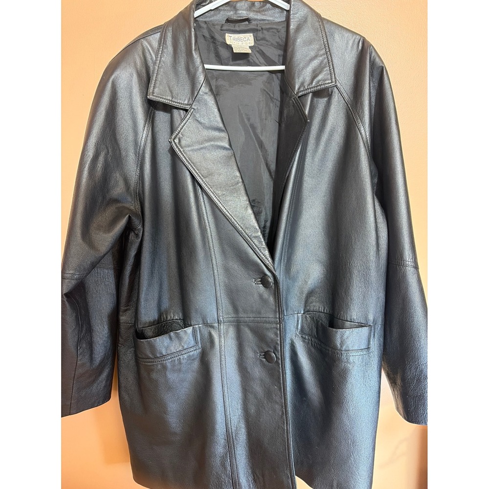 Tribeca Studio‎ Mens Black Leather Car Coat Jacket 1XL Mid Length Minimalist